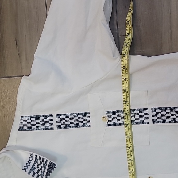 Shuudi brand tropical men's long sleeve linen shirt white green blk embroidery - Picture 12 of 16